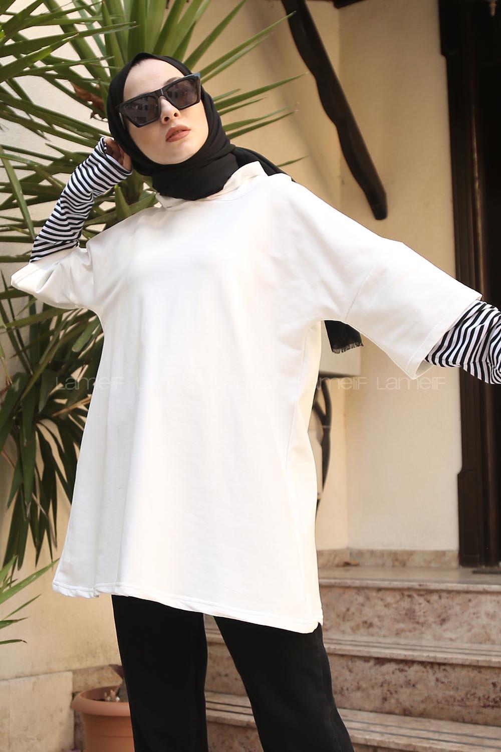 Lamelif Kolu Çizgi Detaylı  Kapüşonlu Sweat Ekru