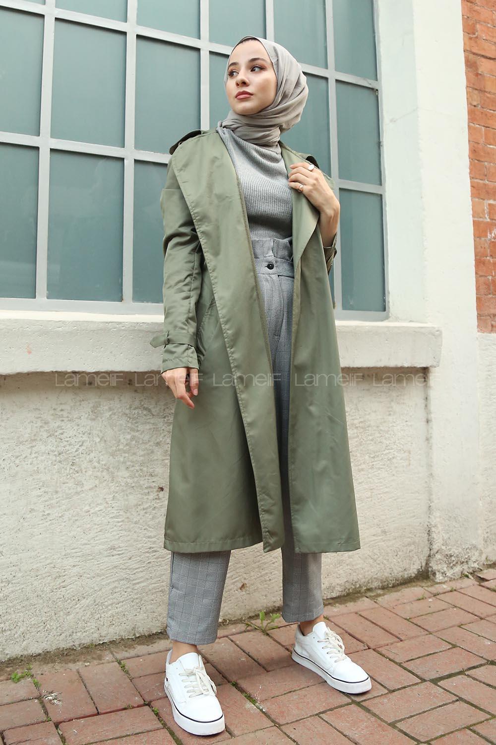 Modalamelif  Belden Bağlamalı Çift Cep Detaylı Trençkot Yeşil