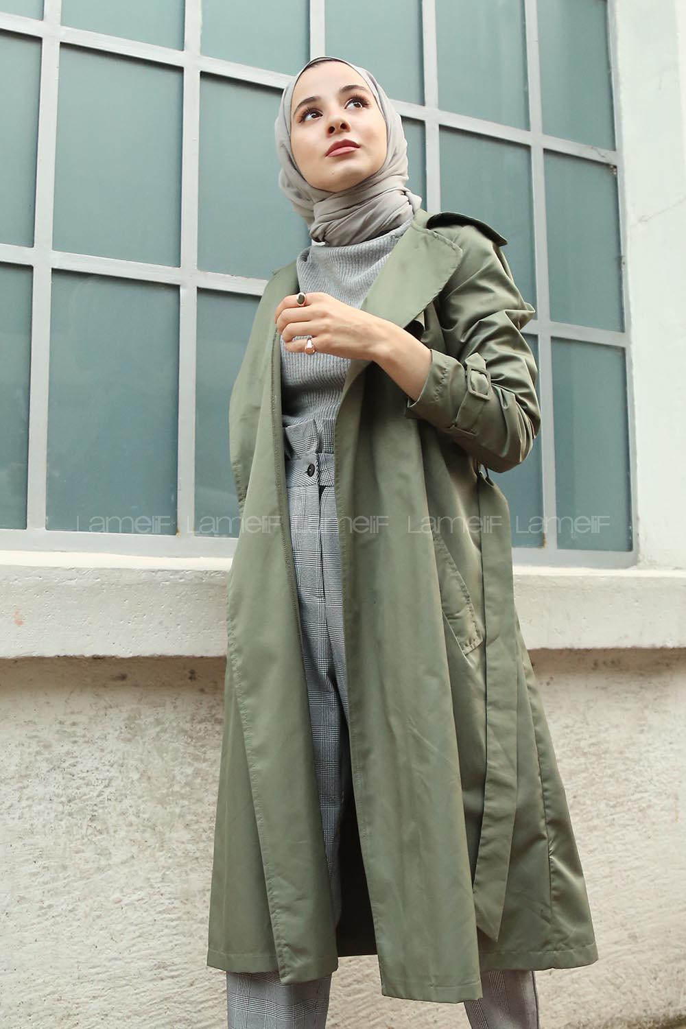 Modalamelif  Belden Bağlamalı Çift Cep Detaylı Trençkot Yeşil