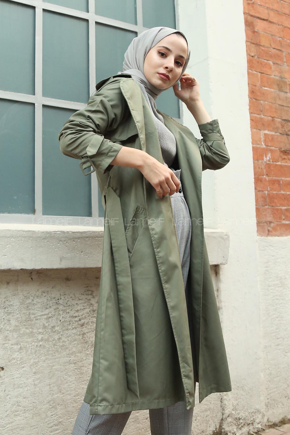 Modalamelif  Belden Bağlamalı Çift Cep Detaylı Trençkot Yeşil
