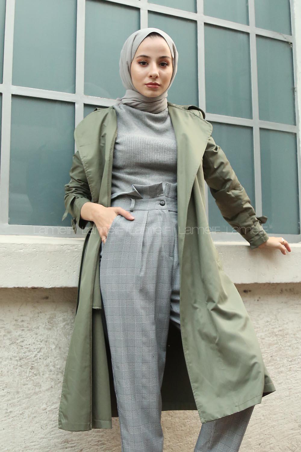 Modalamelif  Belden Bağlamalı Çift Cep Detaylı Trençkot Yeşil