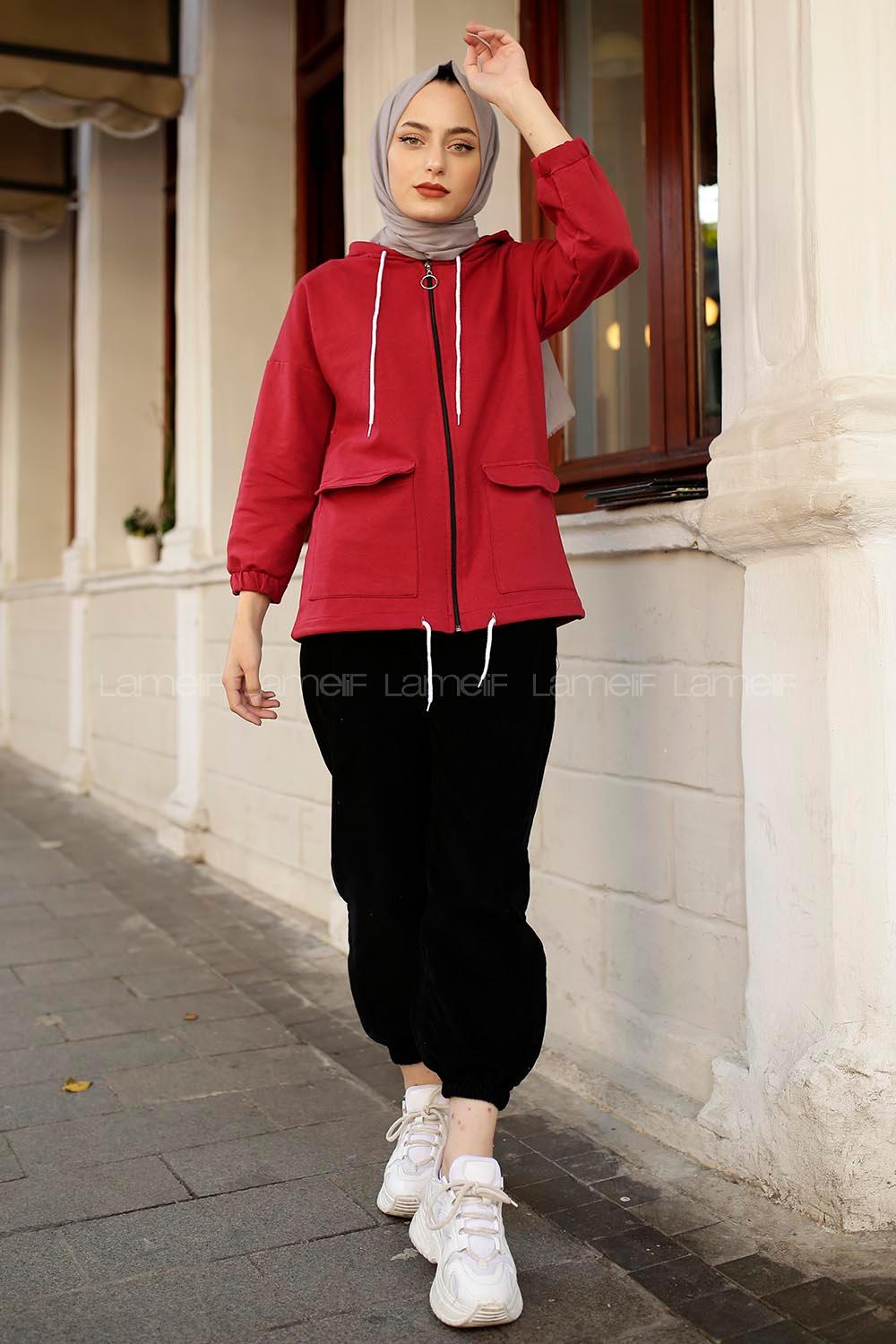 Modalamelif Kapaklı Cepli Kapşonlu Fermuarlı Sweat Kırmızı