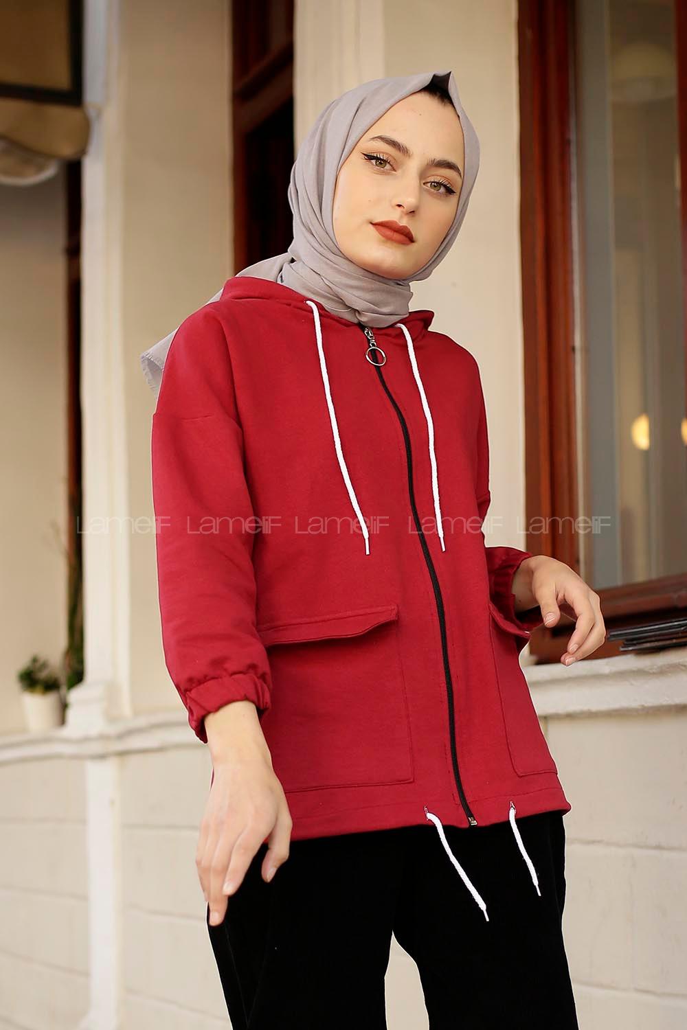 Modalamelif Kapaklı Cepli Kapşonlu Fermuarlı Sweat Kırmızı