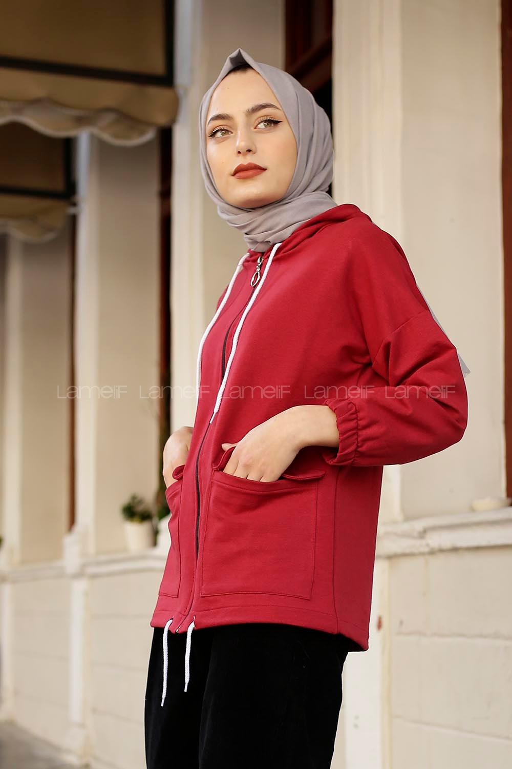 Modalamelif Kapaklı Cepli Kapşonlu Fermuarlı Sweat Kırmızı