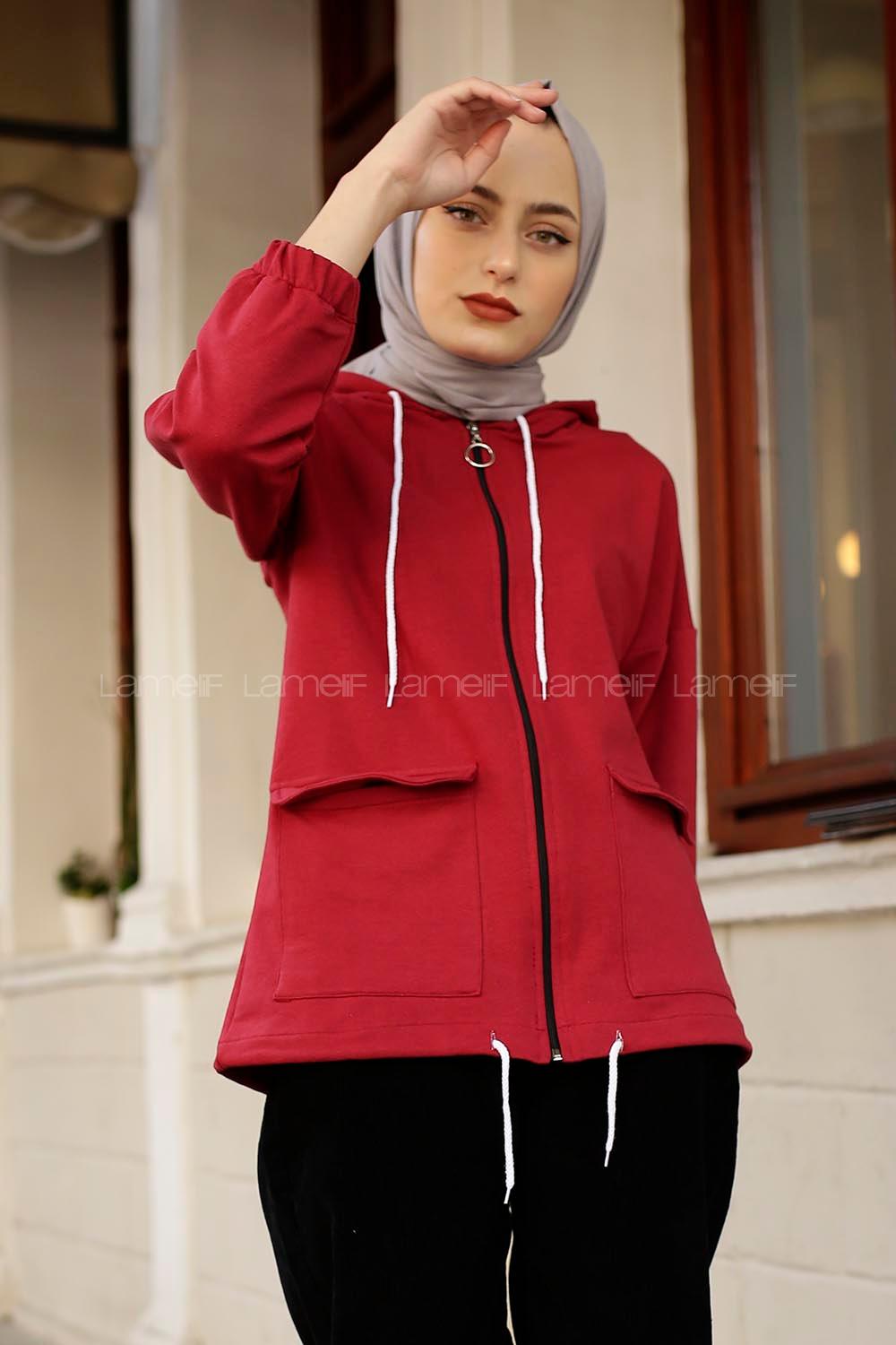 Modalamelif Kapaklı Cepli Kapşonlu Fermuarlı Sweat Kırmızı