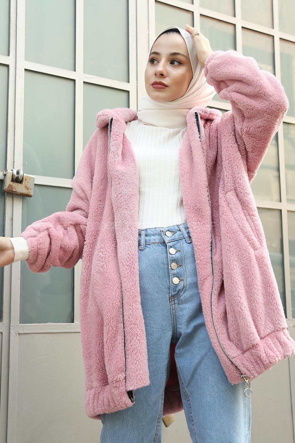 Lamelif Peluş Mont Pudra