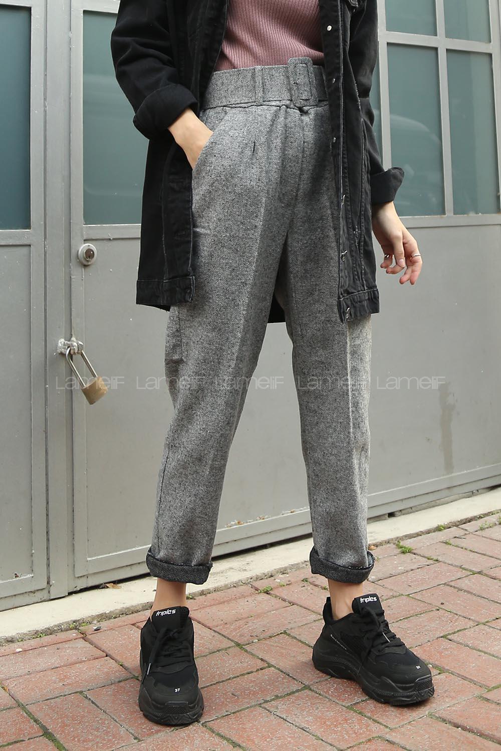 Modalamelif  Geniş Kemerli Kaşe Pantolon Gri