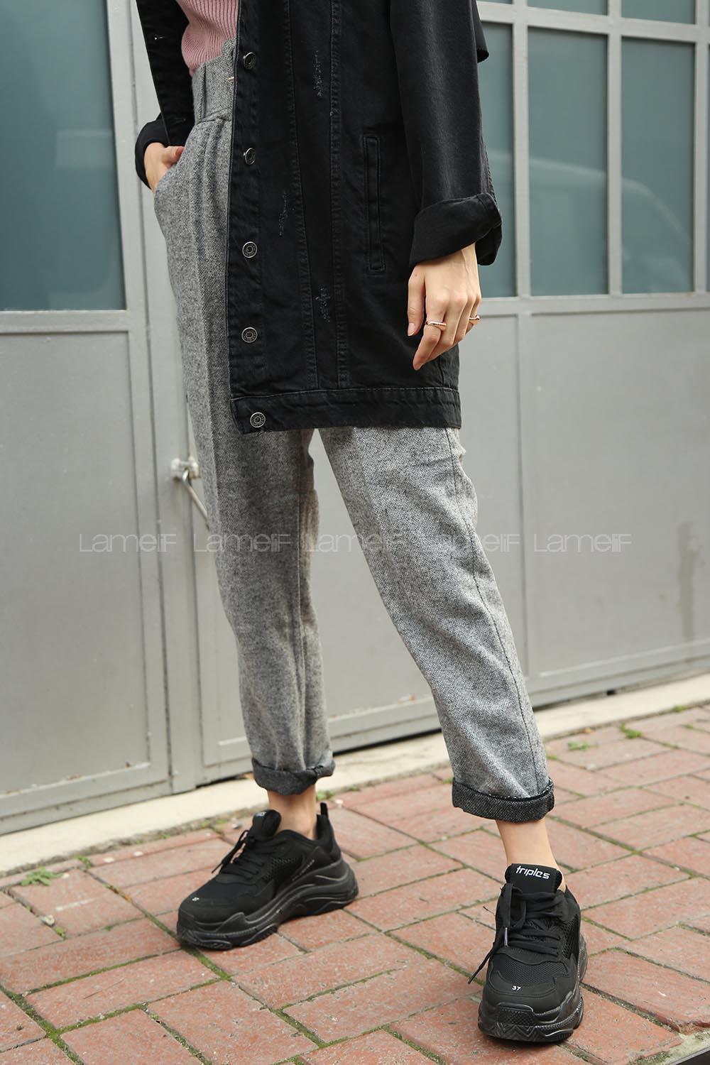 Modalamelif  Geniş Kemerli Kaşe Pantolon Gri