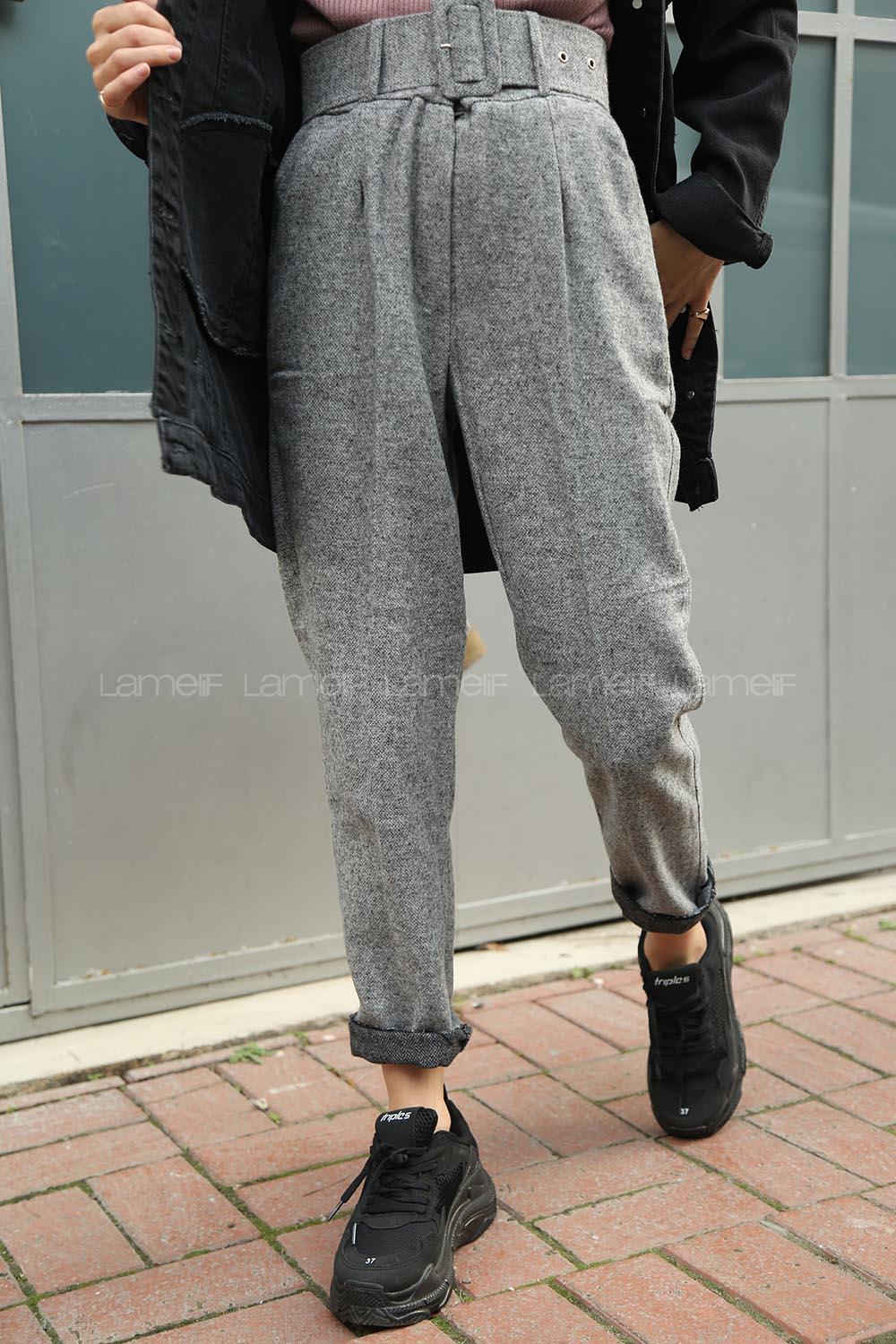 Modalamelif  Geniş Kemerli Kaşe Pantolon Gri