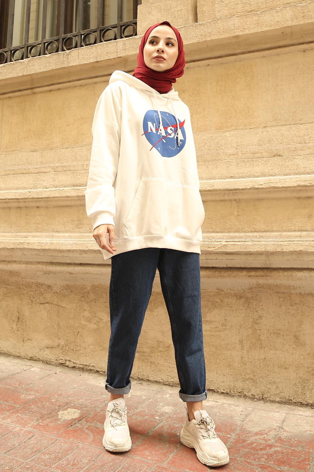 Modalamelif Nasa Yazı Baskılı Kapşonlu Sweat Beyaz