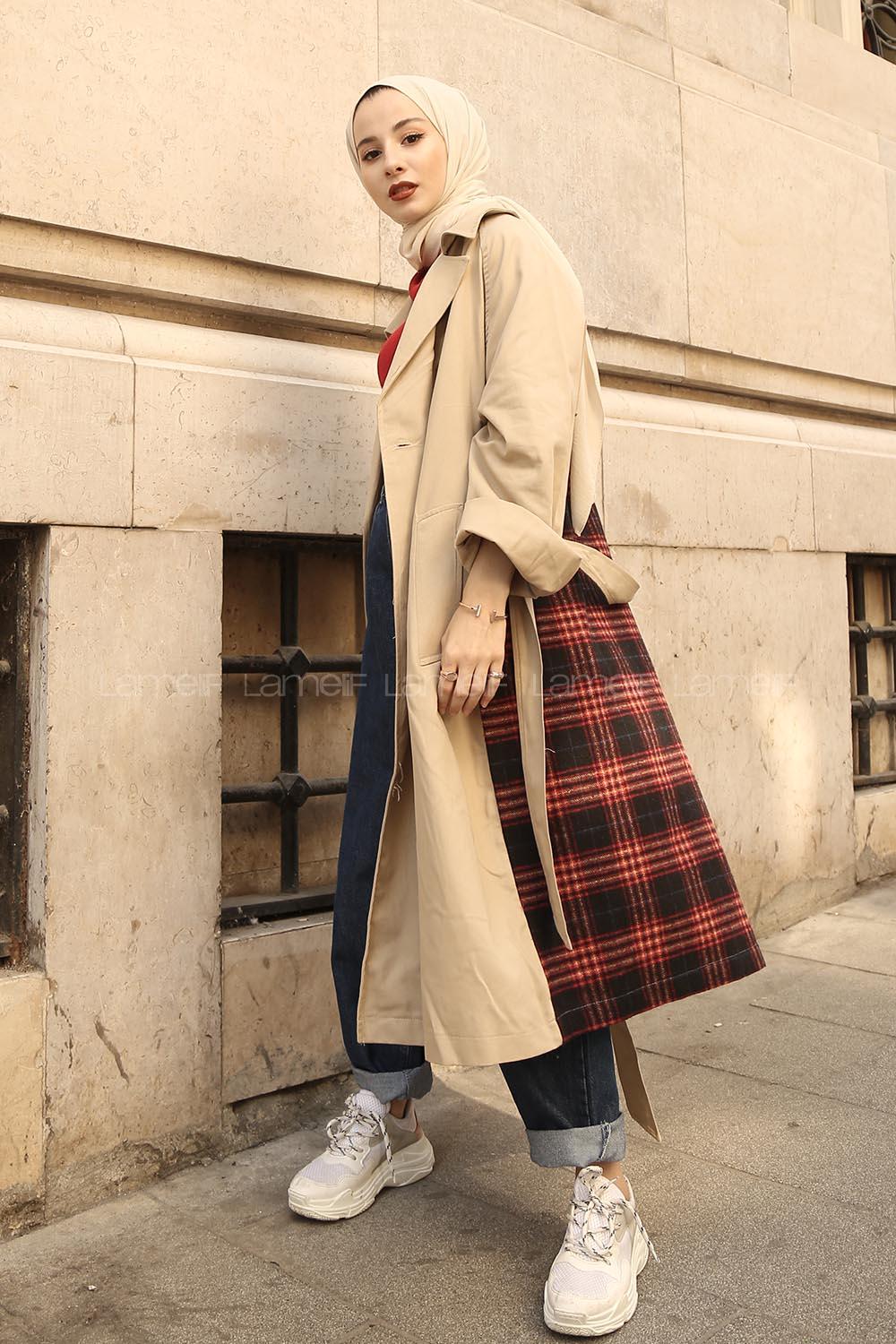 Modalamelif Arkası Potikare Desen Belden Bağlamalı Trenç Bej