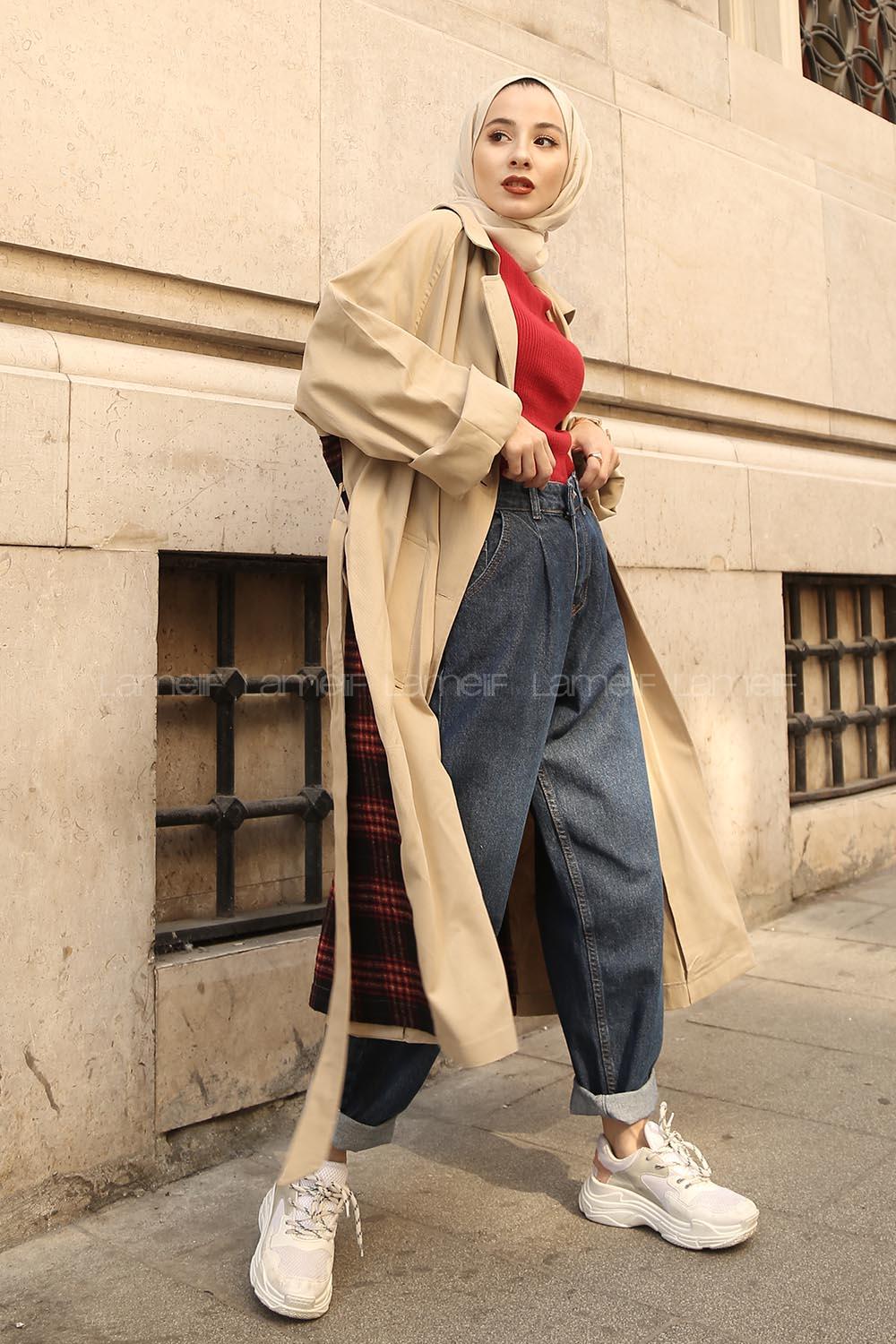 Modalamelif Arkası Potikare Desen Belden Bağlamalı Trenç Bej