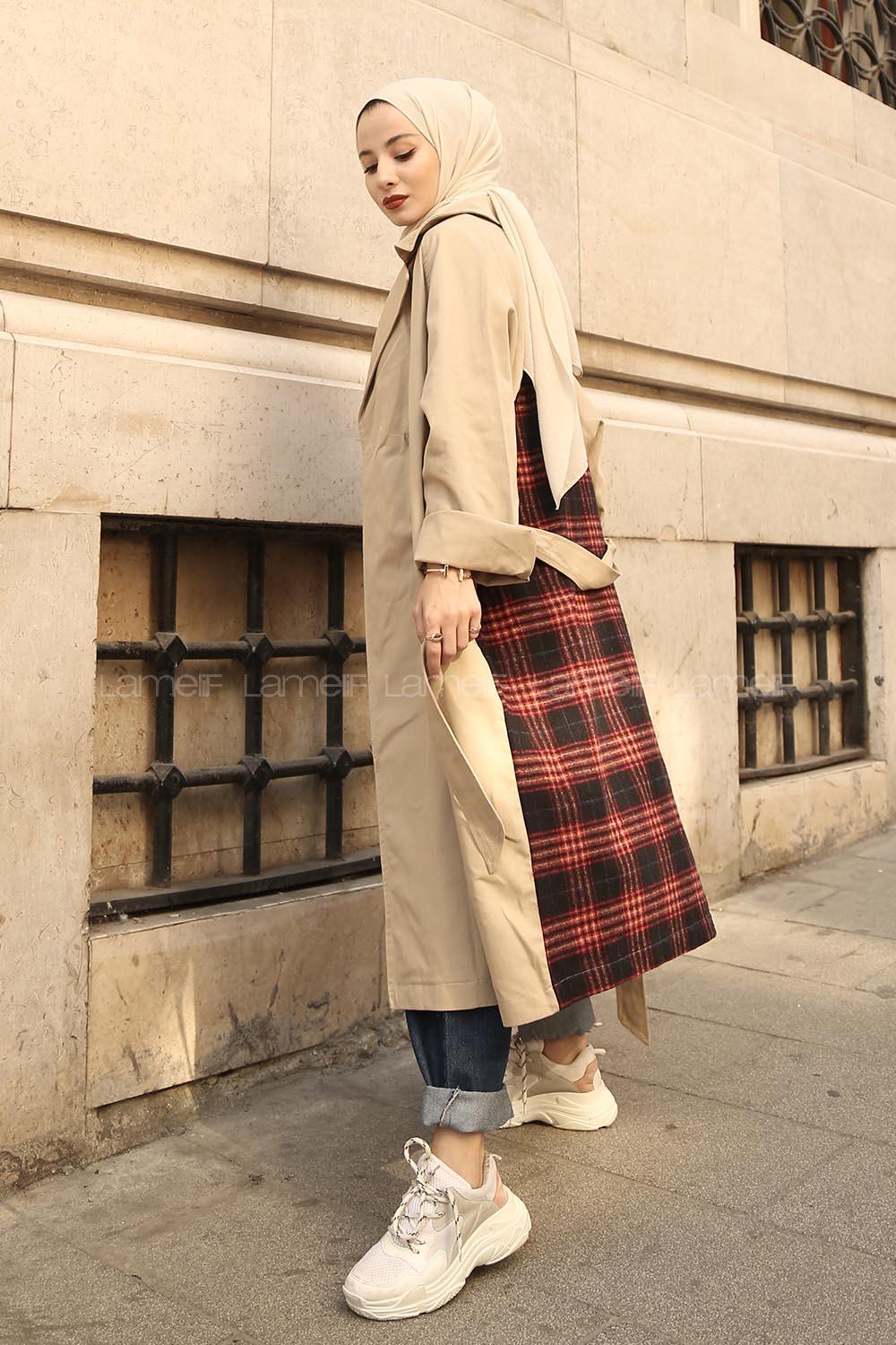 Modalamelif Arkası Potikare Desen Belden Bağlamalı Trenç Bej