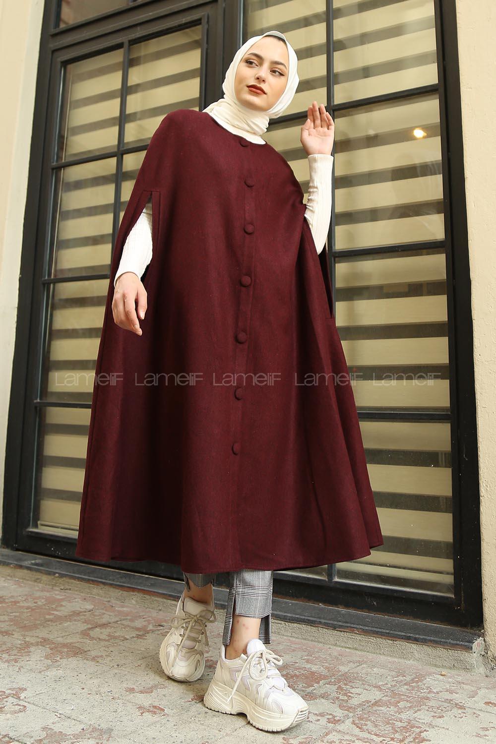 Modalamelif Önü Düğmeli Kaşe Panço Bordo