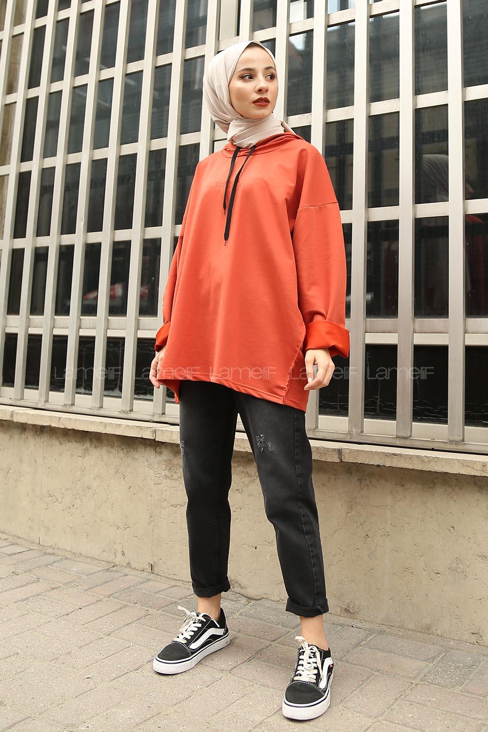 Modalamelif Motıvatıon Yazı Baskılı Kapşonlu Sweat Kiremit