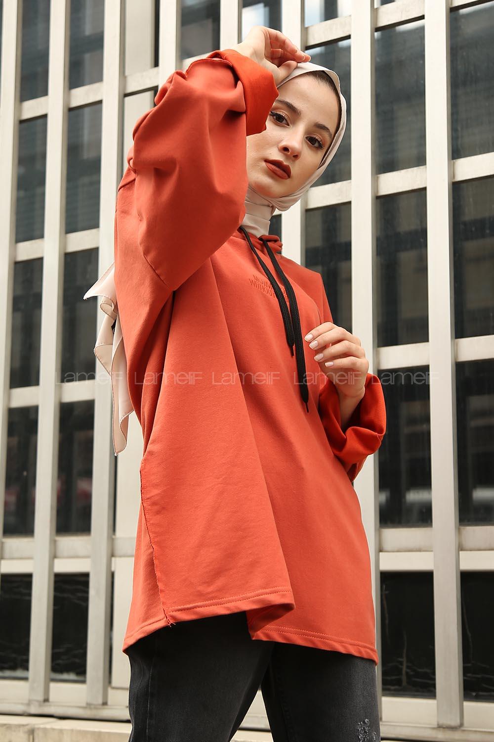 Modalamelif Motıvatıon Yazı Baskılı Kapşonlu Sweat Kiremit