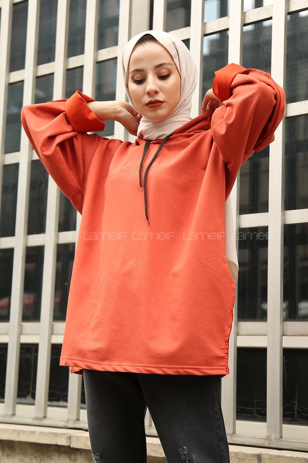 Modalamelif Motıvatıon Yazı Baskılı Kapşonlu Sweat Kiremit