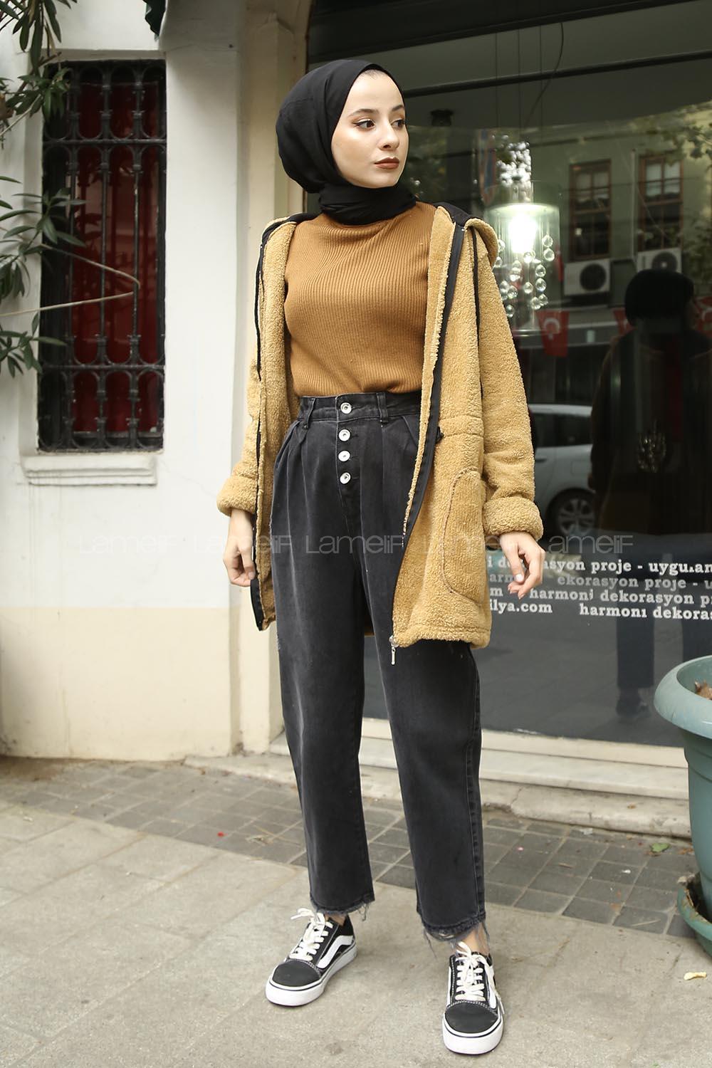 Modalamelif Beli Lastikli Kapşonlu Peluş Kürk Mont  Camel