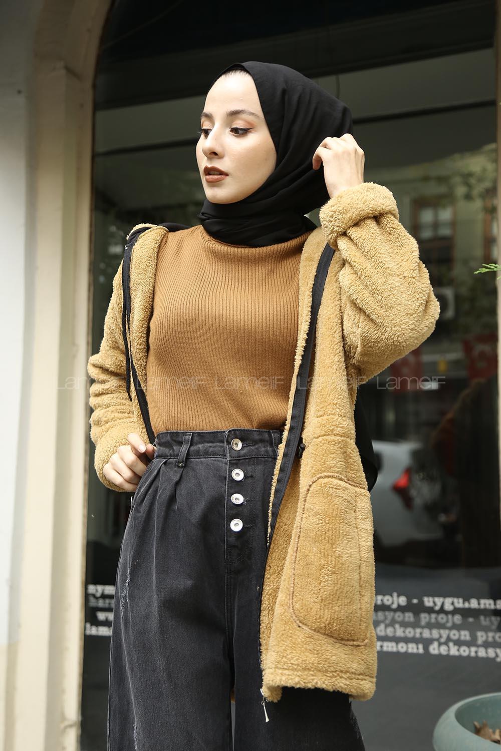 Modalamelif Beli Lastikli Kapşonlu Peluş Kürk Mont  Camel