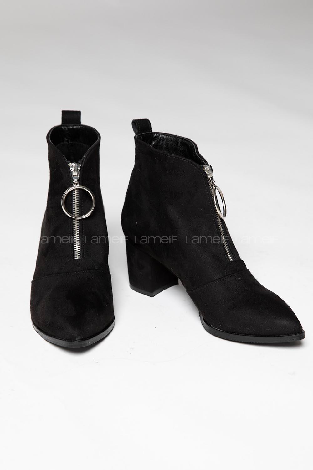 Modalamelif Orta Topuklu Fermuar Detaylı Siyah Süet Bot
