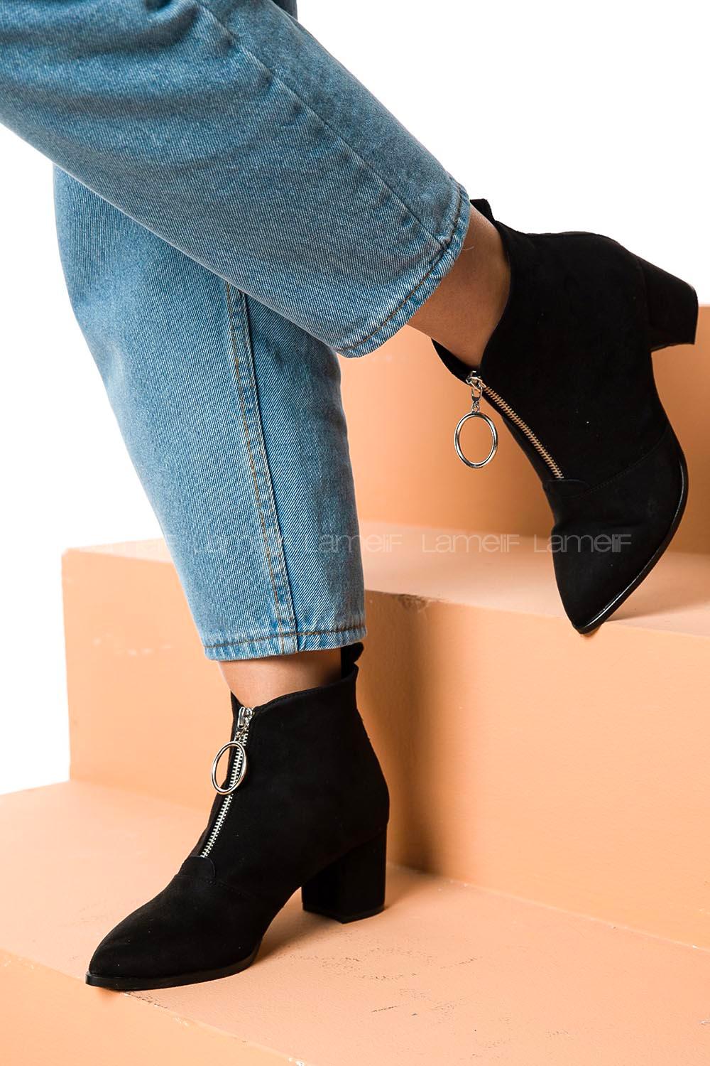 Modalamelif Orta Topuklu Fermuar Detaylı Siyah Süet Bot