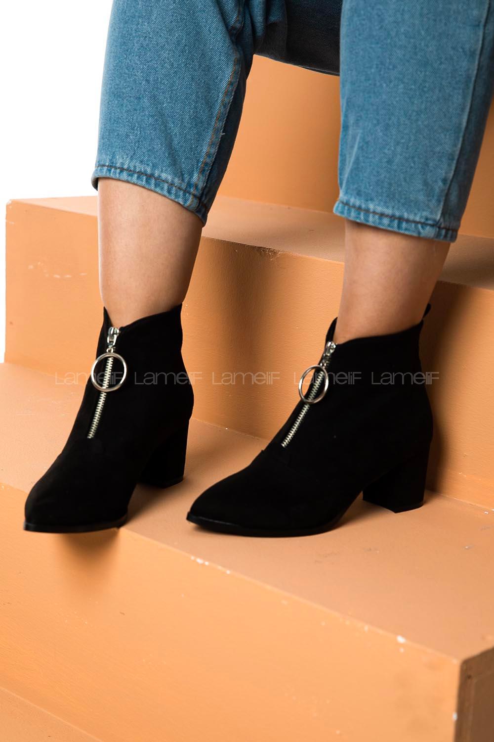 Modalamelif Orta Topuklu Fermuar Detaylı Siyah Süet Bot