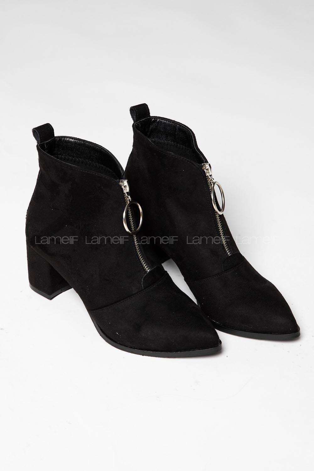 Modalamelif Orta Topuklu Fermuar Detaylı Siyah Süet Bot
