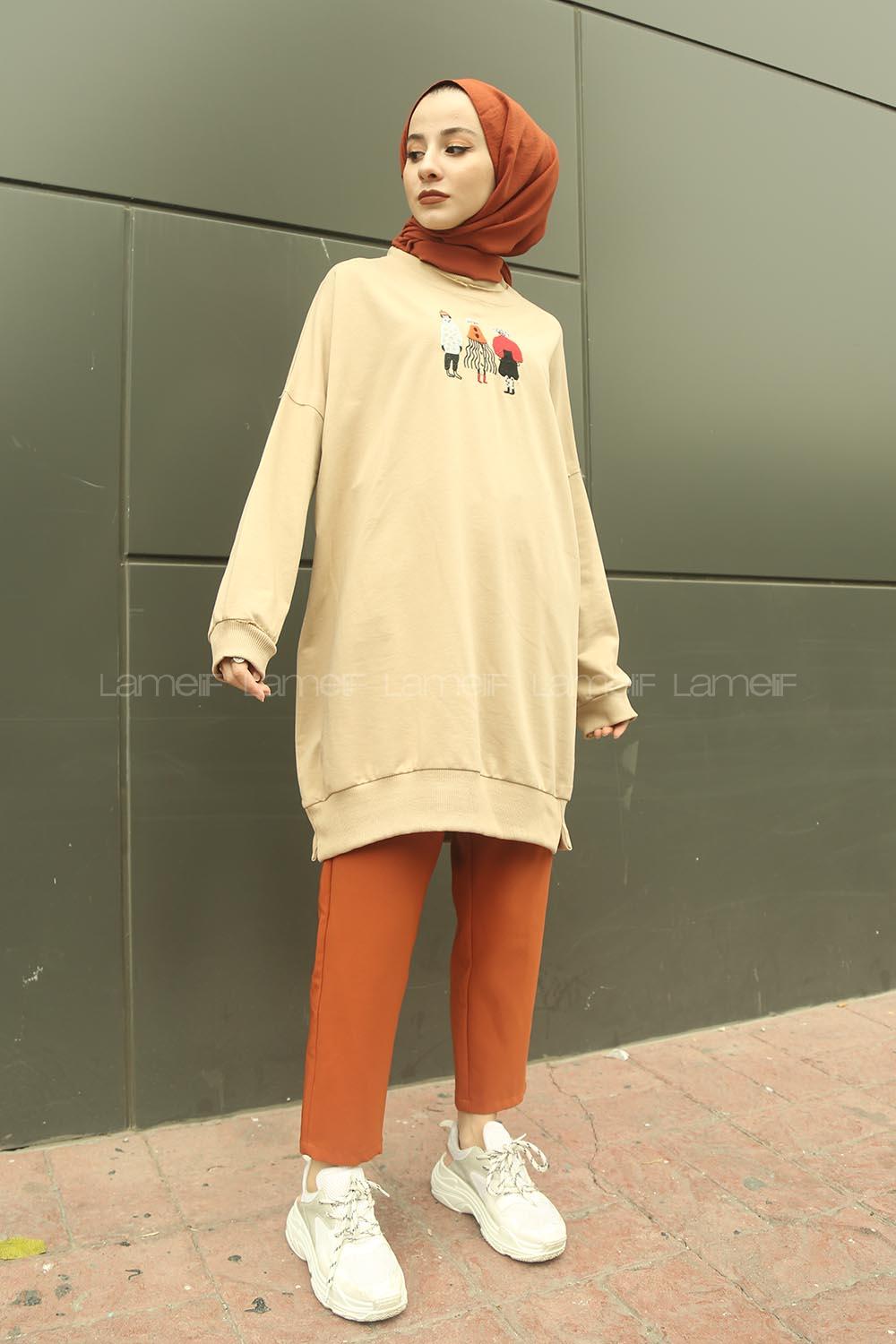 Modalamelif Üç Kadın Baskılı Sweat Bej