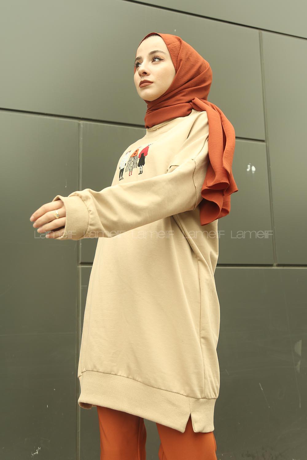 Modalamelif Üç Kadın Baskılı Sweat Bej