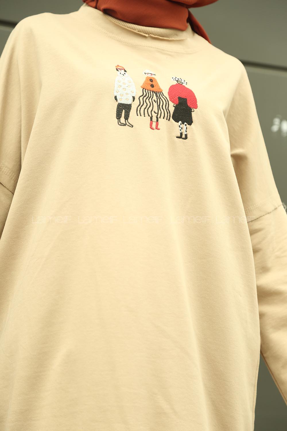 Modalamelif Üç Kadın Baskılı Sweat Bej