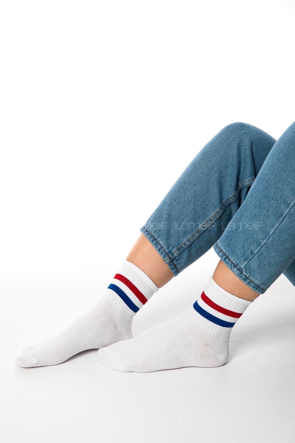 Modalamelif Mavi-Kırmızı Şeritli Beyaz Çorap