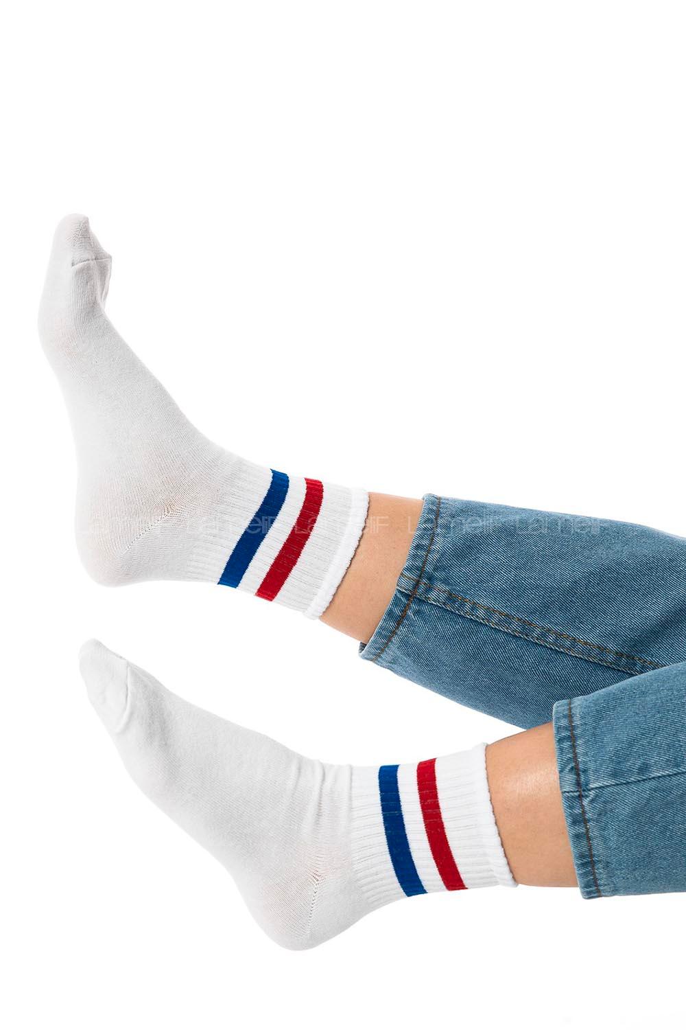 Modalamelif Mavi-Kırmızı Şeritli Beyaz Çorap