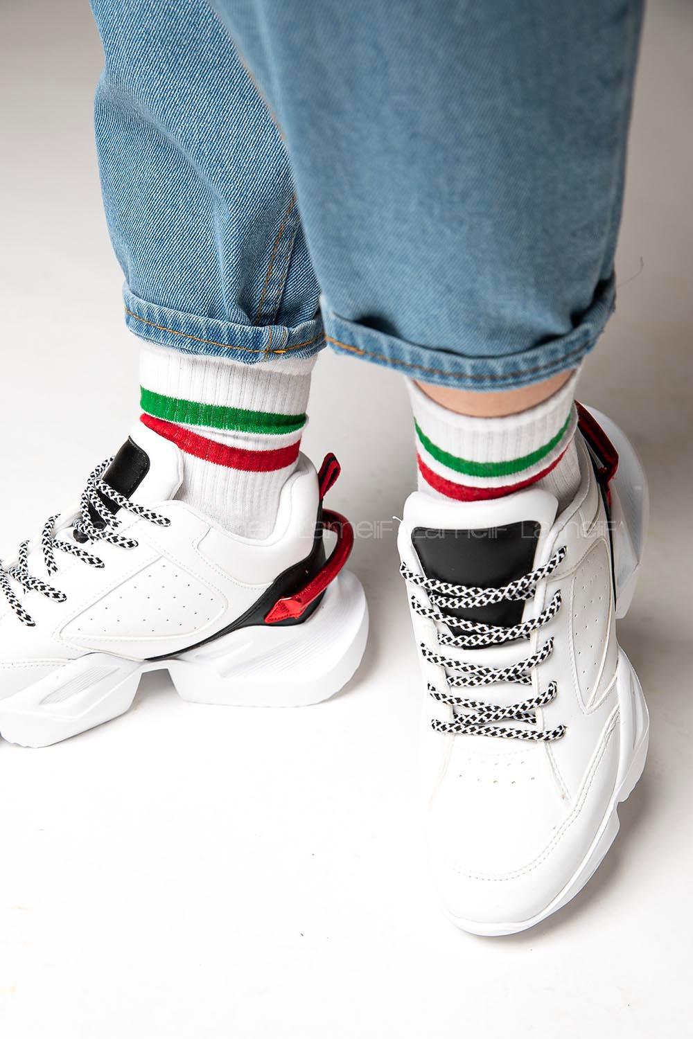 Modalamelif Yeşil-Kırmızı Şeritli Beyaz Çorap