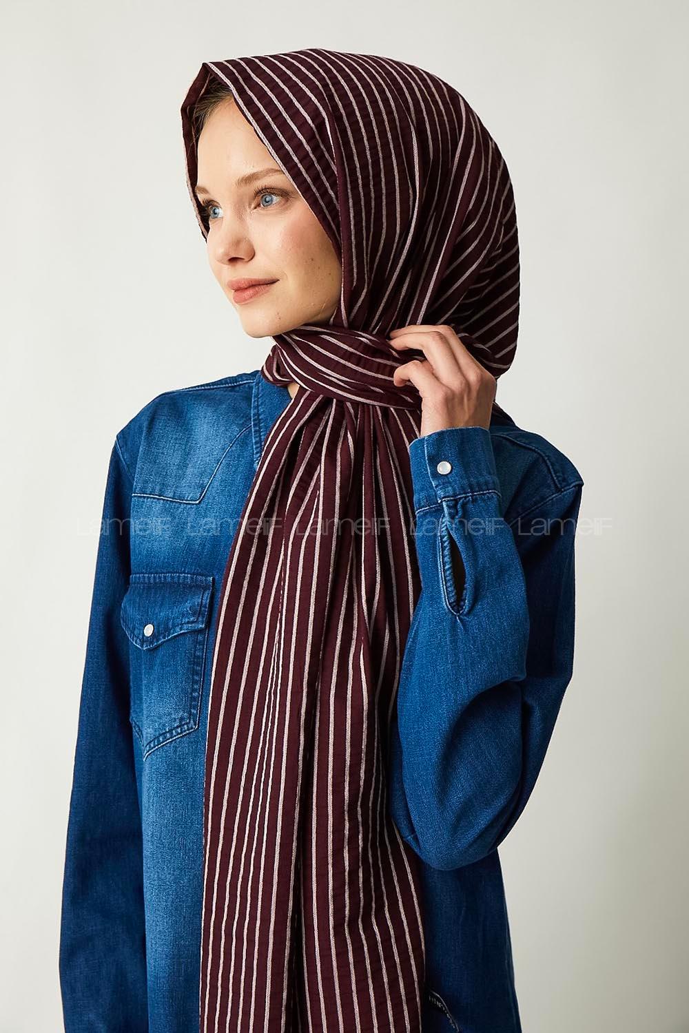 Modalamelif Acı Bordo Çizgili Pamuk Şal