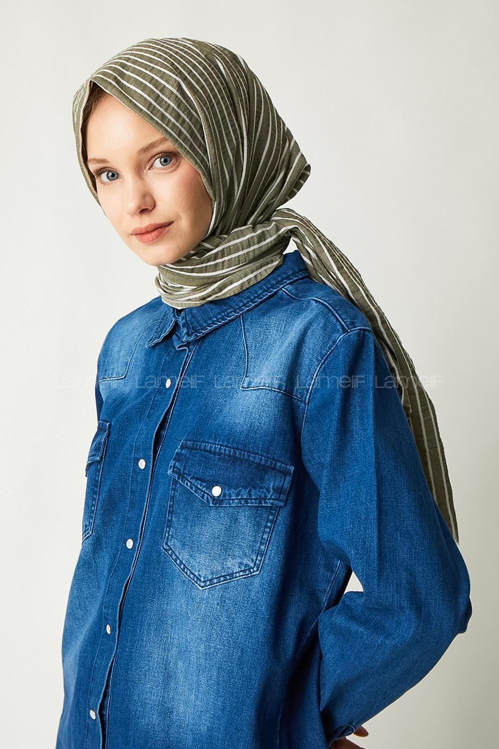 Modalamelif Askeri Yeşil Çizgili Pamuk Şal