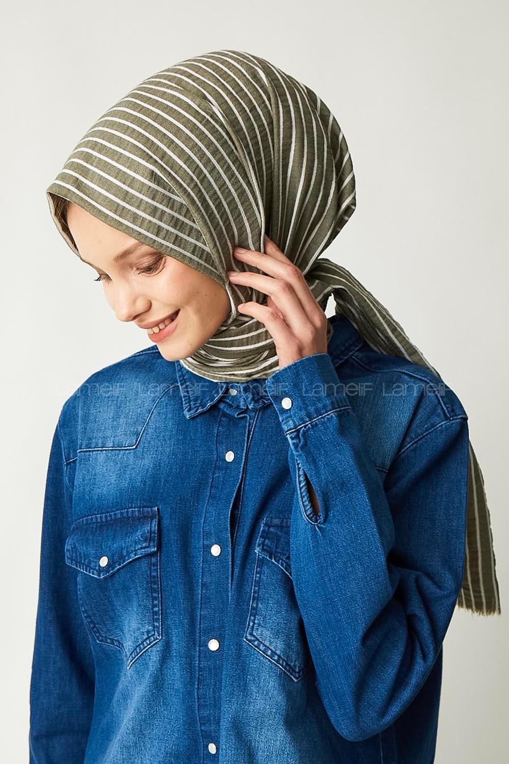 Modalamelif Askeri Yeşil Çizgili Pamuk Şal