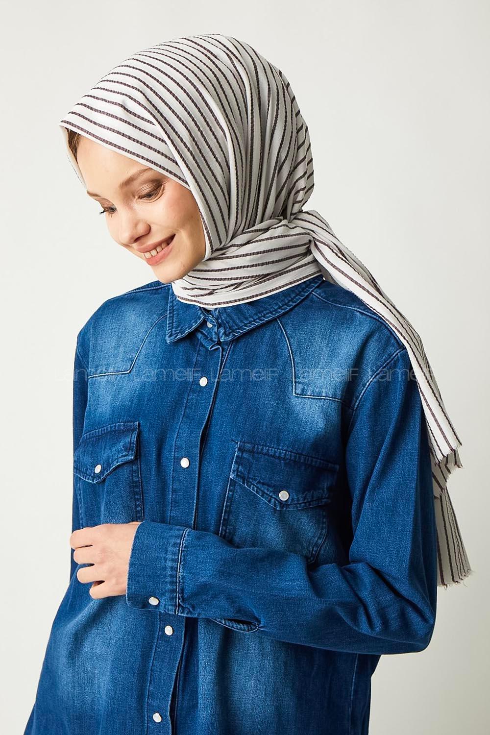 Modalamelif Beyaz Kahve Çizgili Pamuk Şal