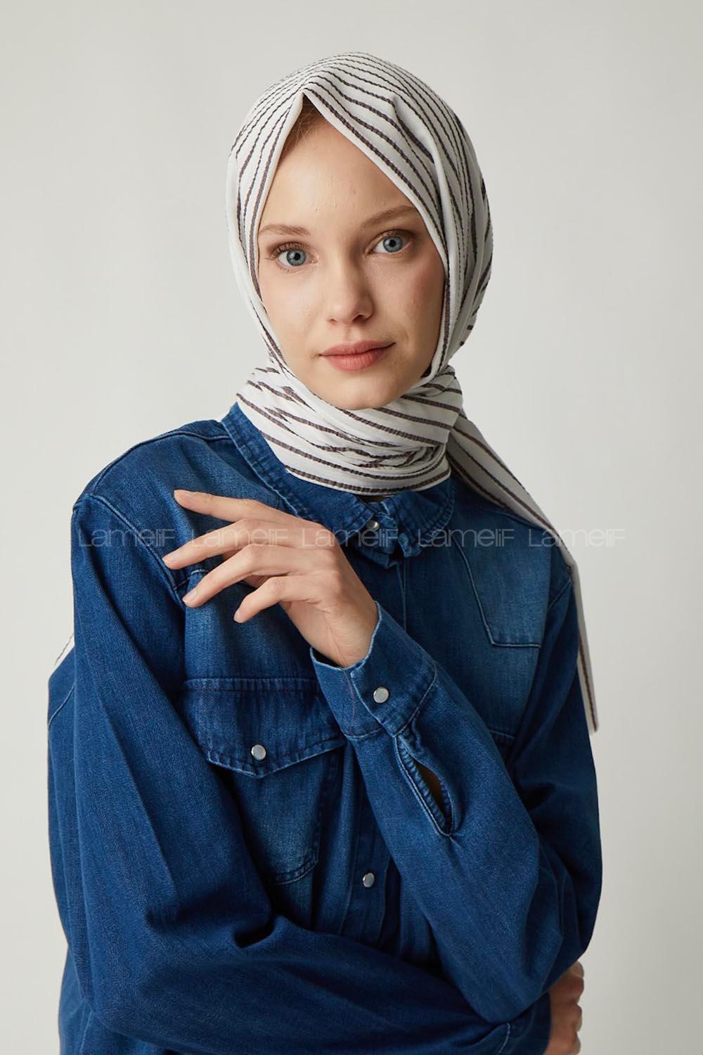 Modalamelif Beyaz Kahve Çizgili Pamuk Şal