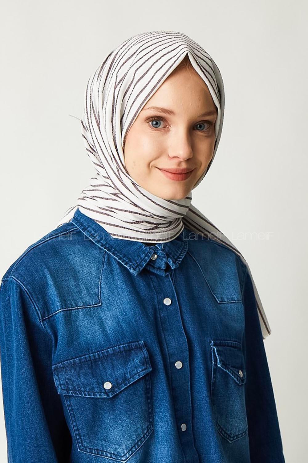 Modalamelif Beyaz Kahve Çizgili Pamuk Şal