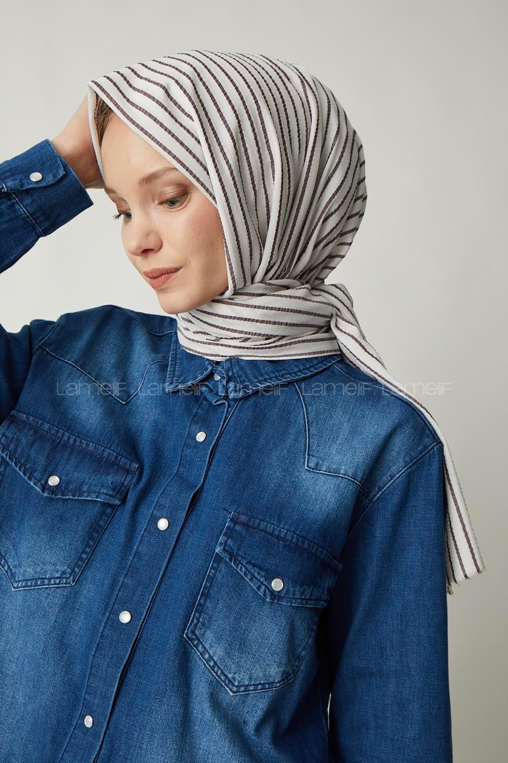 Modalamelif Beyaz Kahve Çizgili Pamuk Şal