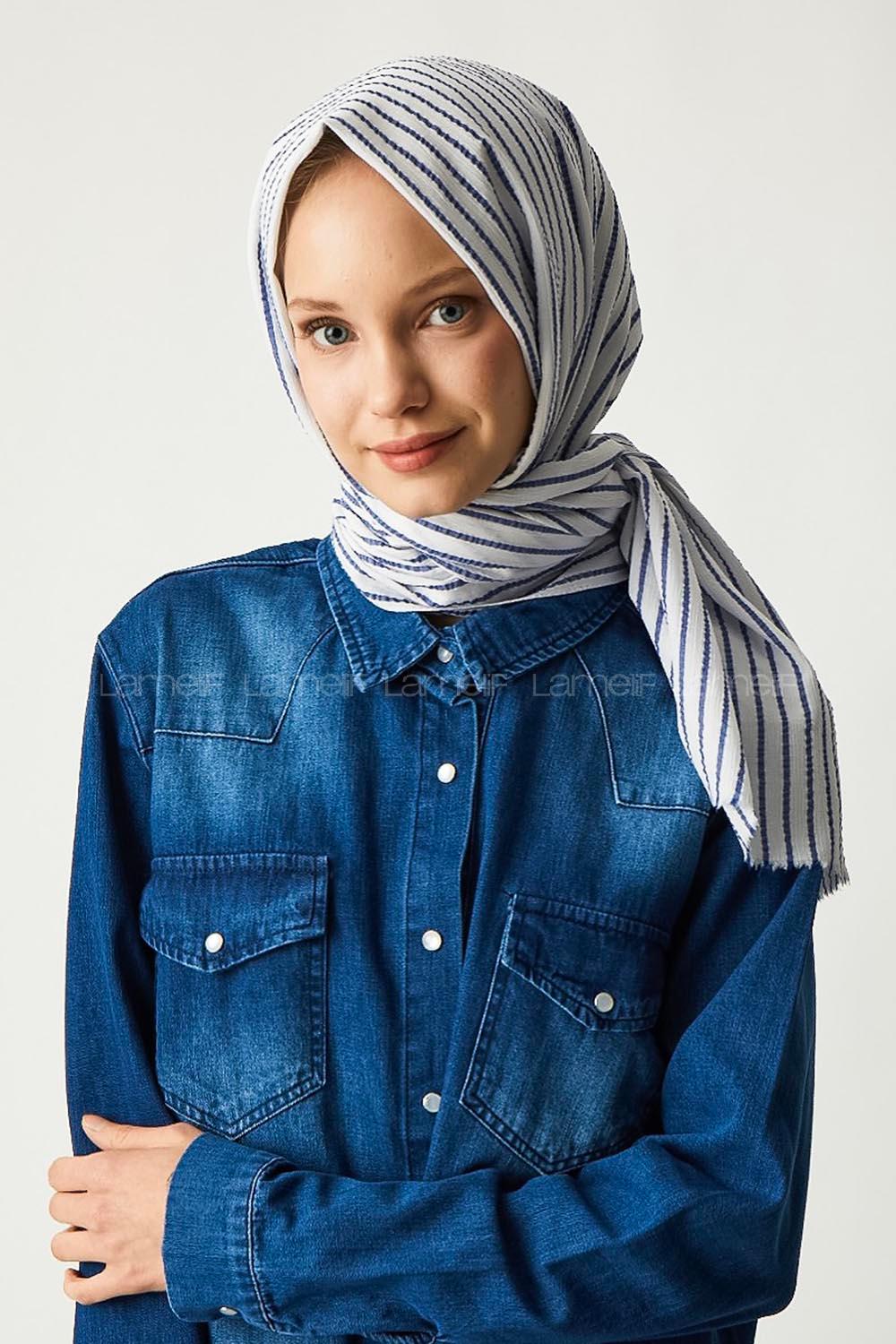 Modalamelif Beyaz Mavi Çizgili Pamuk Şal