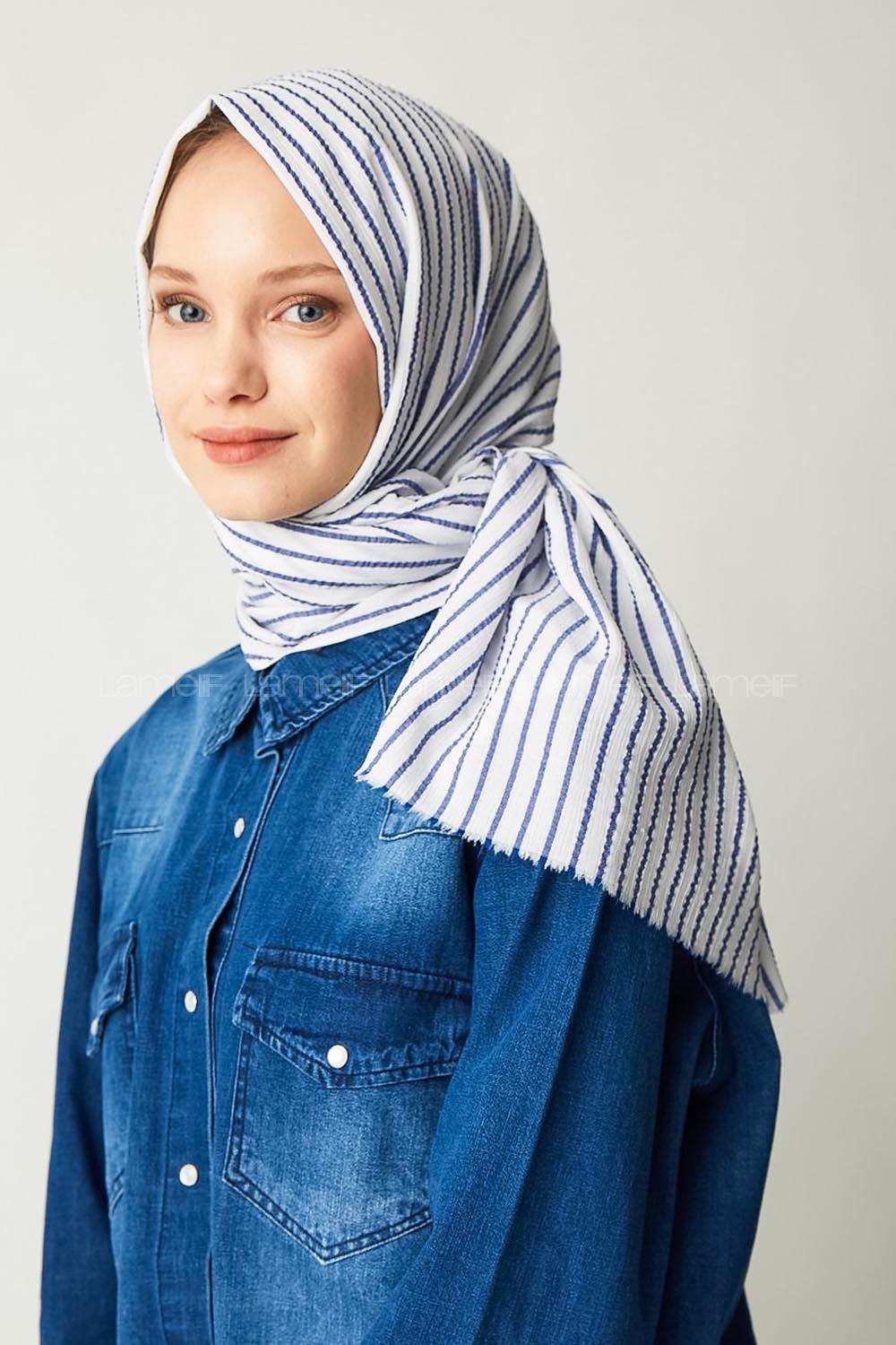 Modalamelif Beyaz Mavi Çizgili Pamuk Şal
