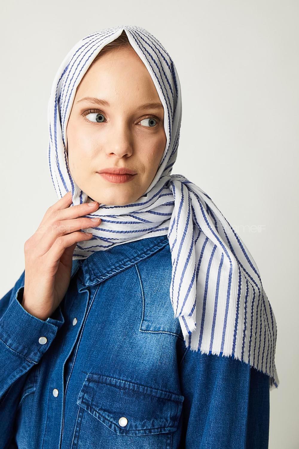 Modalamelif Beyaz Mavi Çizgili Pamuk Şal