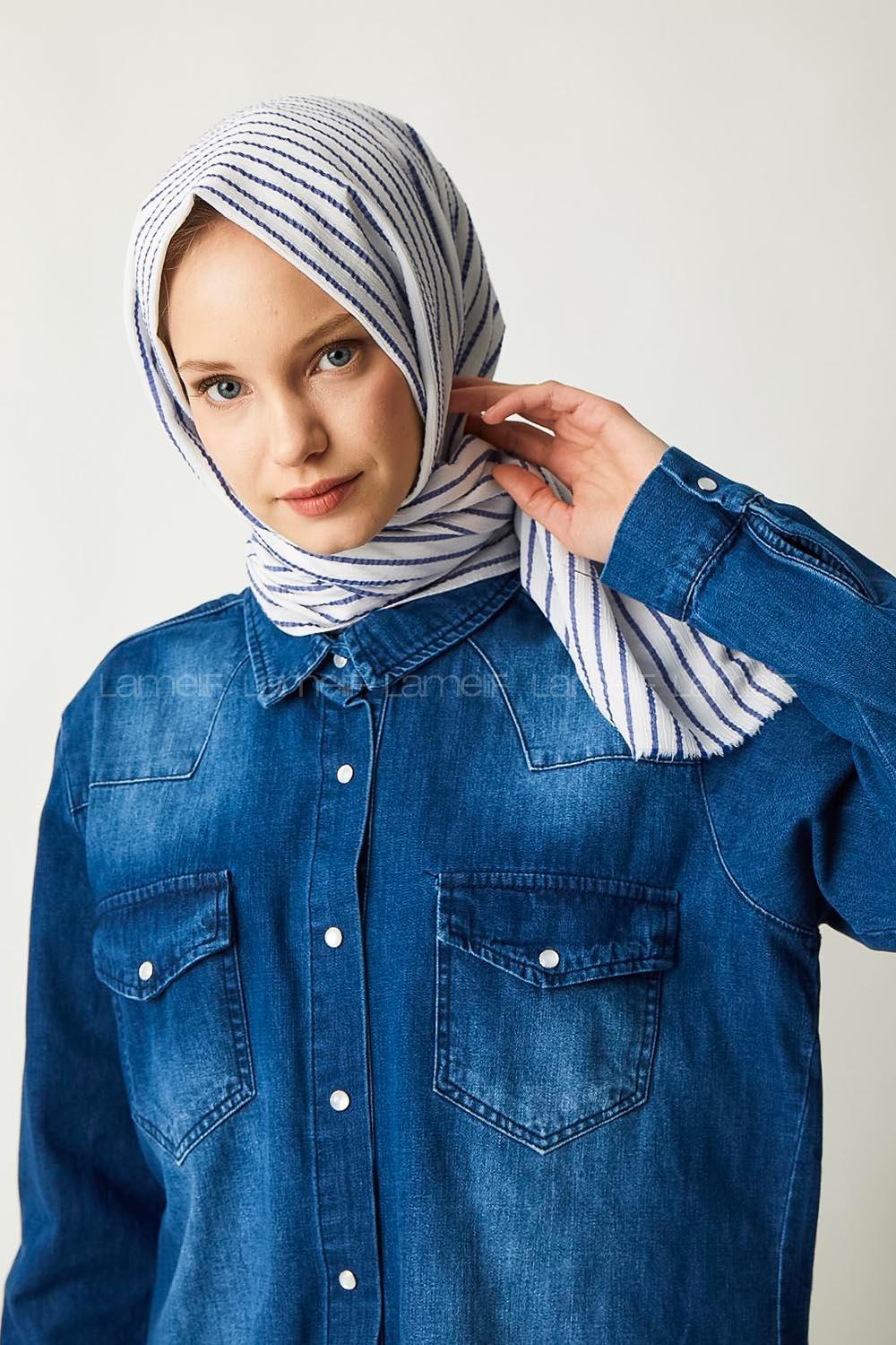 Modalamelif Beyaz Mavi Çizgili Pamuk Şal