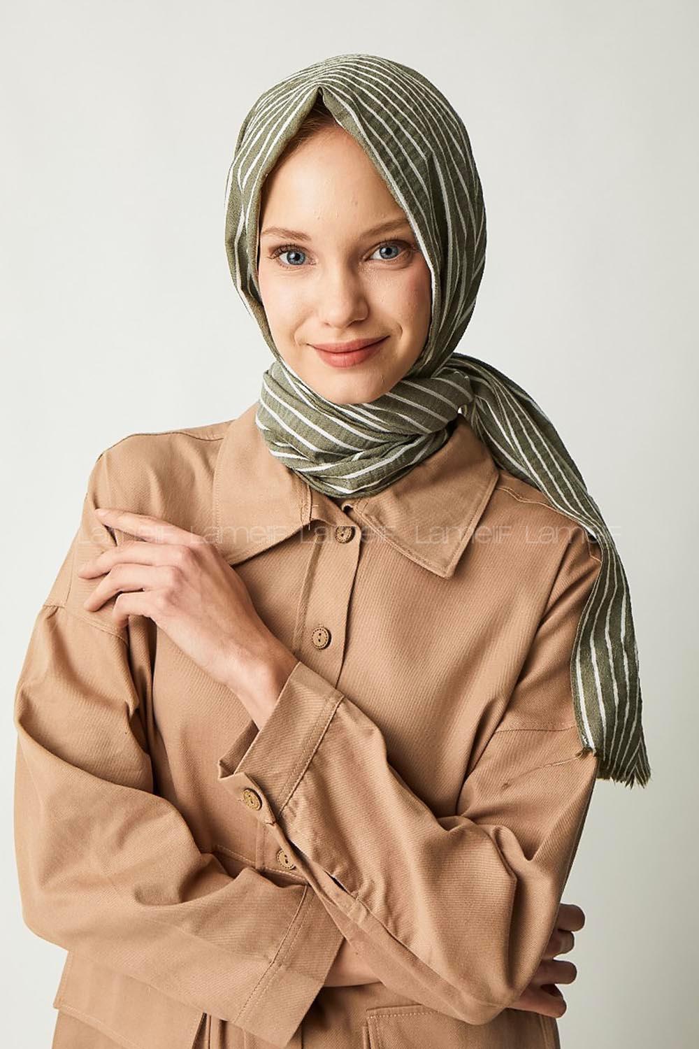 Modalamelif Haki Çizgili Pamuk Şal