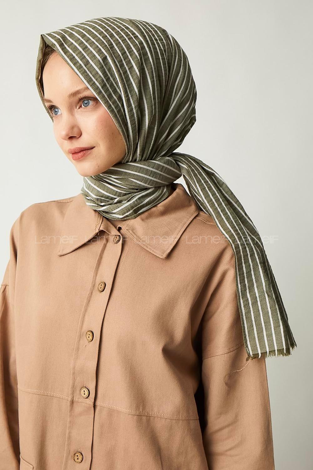 Modalamelif Haki Çizgili Pamuk Şal