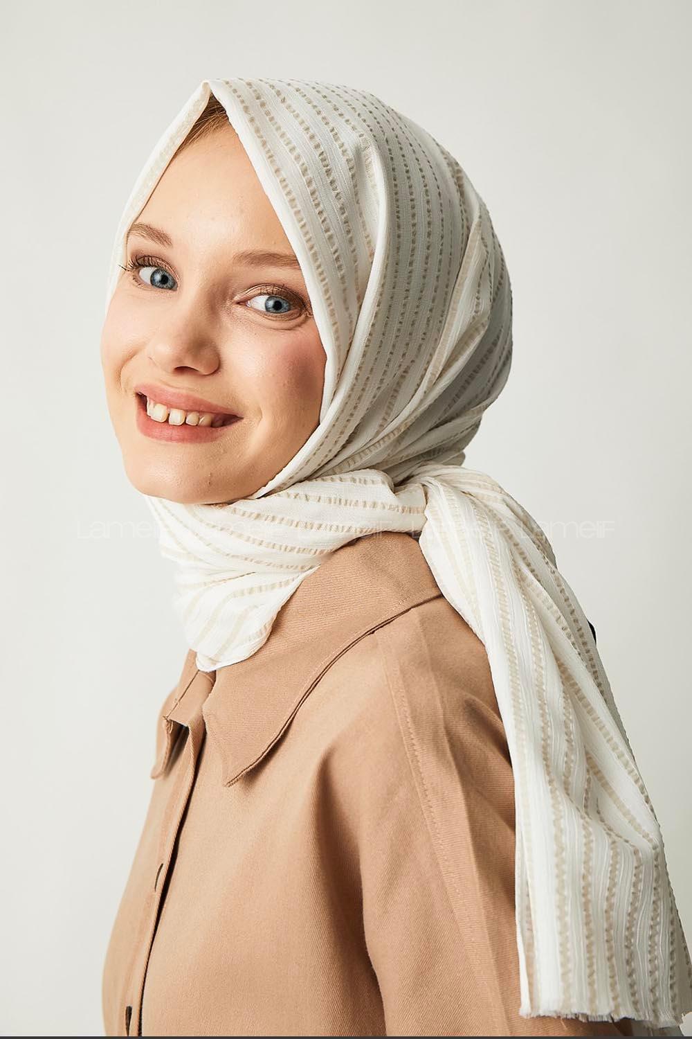 Modalamelif Krem Çizgili Pamuk Şal