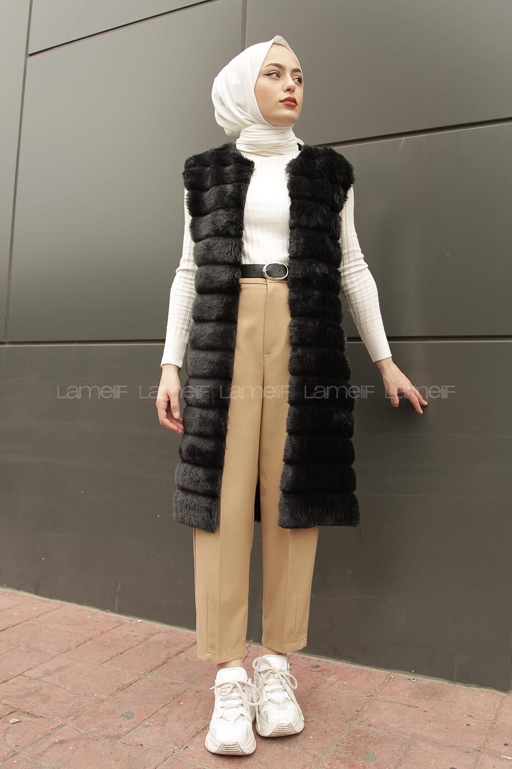 Modalamelif Kürklü Yelek Gri Siyah