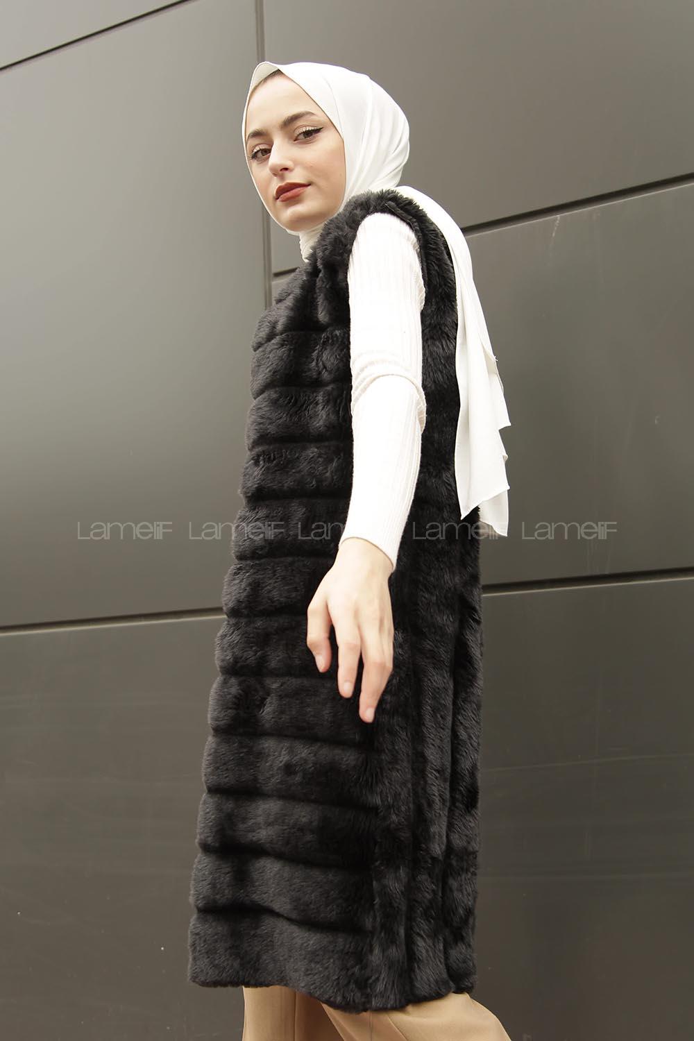 Modalamelif Kürklü Yelek Gri Siyah