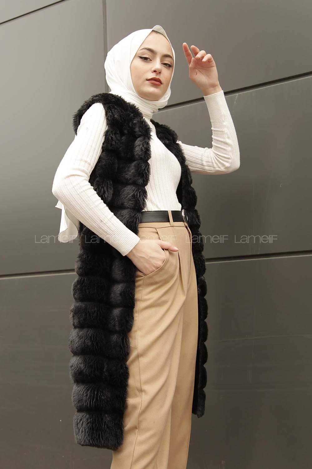 Modalamelif Kürklü Yelek Gri Siyah